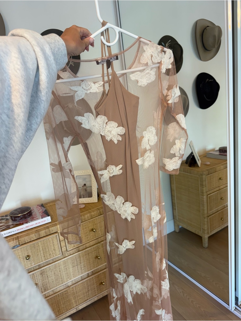For Love & Lemons Sheer Nude Mesh Maxi Dress with White Floral Appliqué - Picture 4 of 4